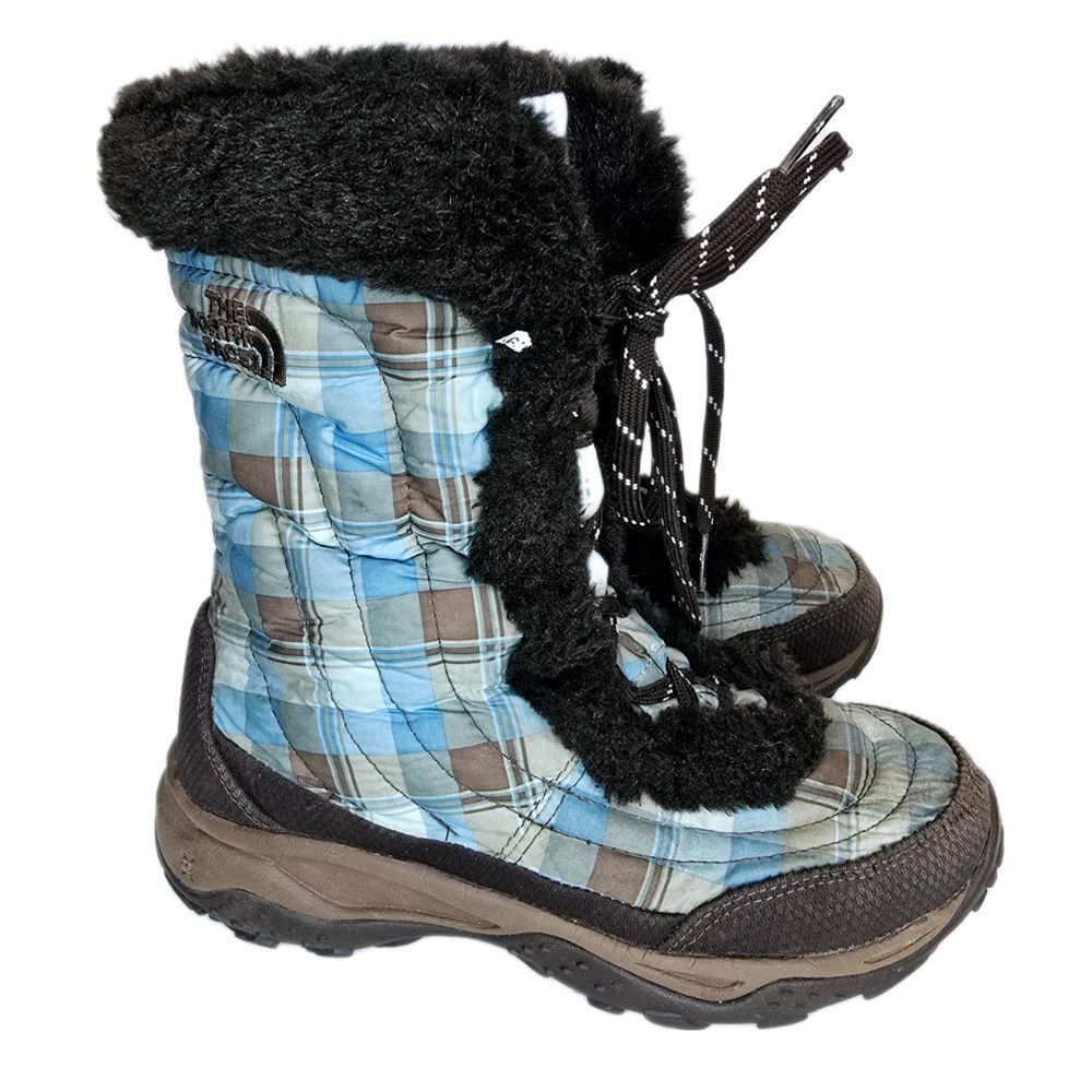 The North Face Winter Snow Boots Plaid Faux Fur Lined Waterproof Blue Brown Sz 4